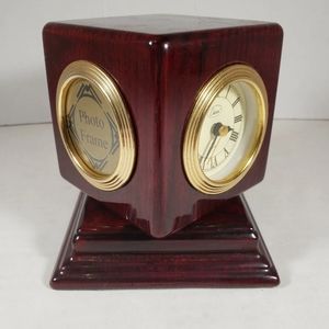 Wood Swivel Desk Clock Photo Frame Battery Powered